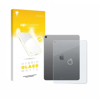 Parte frontal de un envase de producto con el logotipo de la marca upscreen. Al lado se muestra el dispositivo Apple iPad Air 