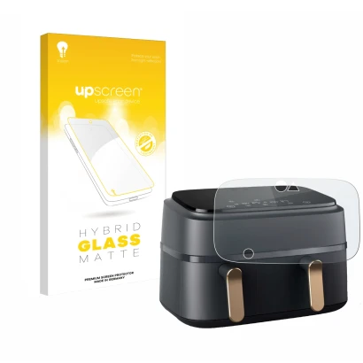 Parte frontal de un envase de producto con el logotipo de la marca upscreen. Al lado se muestra el dispositivo Philips Airfrye