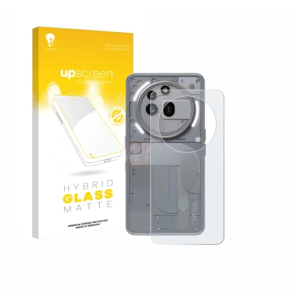 Parte frontal de un envase de producto con el logotipo de la marca upscreen. Al lado se muestra el dispositivo Nothing Phone (