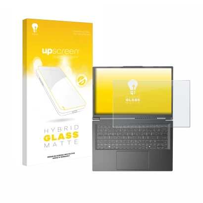 Parte frontal de un envase de producto con el logotipo de la marca upscreen. Al lado se muestra el dispositivo Acer Aspire 14 