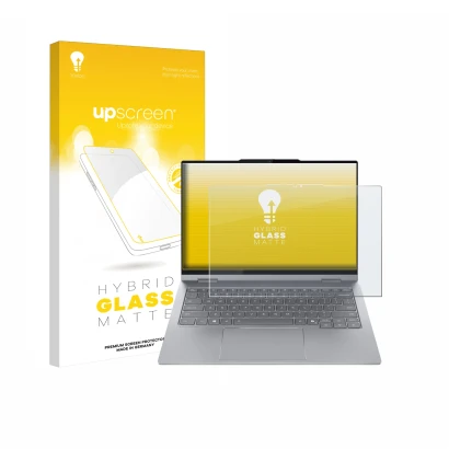 Parte frontal de un envase de producto con el logotipo de la marca upscreen. Al lado se muestra el dispositivo Lenovo ThinkBoo