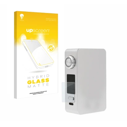 Parte frontal de un envase de producto con el logotipo de la marca upscreen. Al lado se muestra el dispositivo Lost Vape Centa