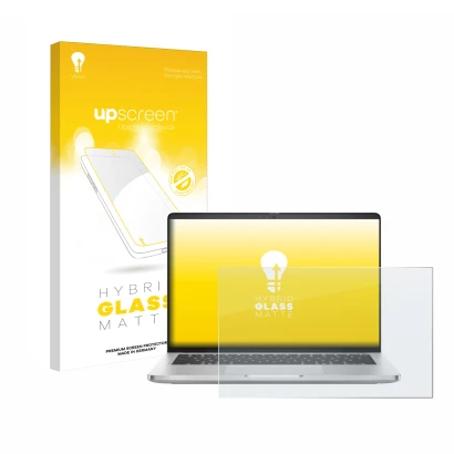 Parte frontal de un envase de producto con el logotipo de la marca upscreen. Al lado se muestra el dispositivo Dell Pro 14 Plu