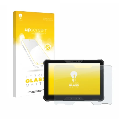 Parte frontal de un envase de producto con el logotipo de la marca upscreen. Al lado se muestra el dispositivo Dell Latitude 7