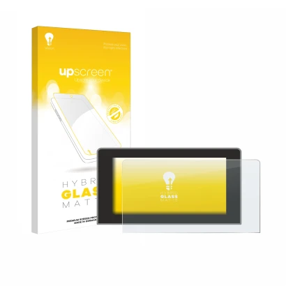 Parte frontal de un envase de producto con el logotipo de la marca upscreen. Al lado se muestra el dispositivo Volkswagen Craf