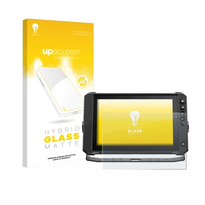 Parte frontal de un envase de producto con el logotipo de la marca upscreen. Al lado se muestra el dispositivo Lowrance Elite 