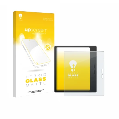 Parte frontal de un envase de producto con el logotipo de la marca upscreen. Al lado se muestra el dispositivo Boox Go 7 con s