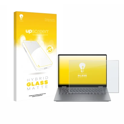 Parte frontal de un envase de producto con el logotipo de la marca upscreen. Al lado se muestra el dispositivo HP OmniBook X F