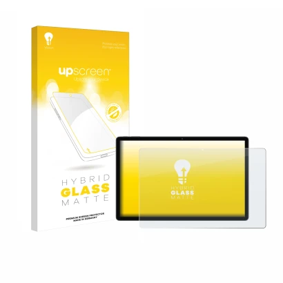 Parte frontal de un envase de producto con el logotipo de la marca upscreen. Al lado se muestra el dispositivo Blackview Mega 