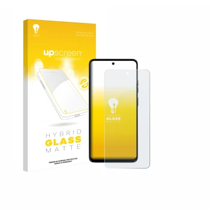 Parte frontal de un envase de producto con el logotipo de la marca upscreen. Al lado se muestra el dispositivo Motorola Moto G