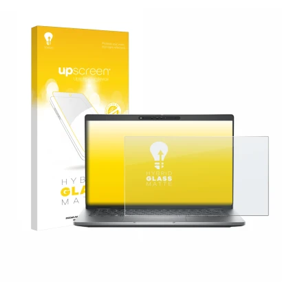 Parte frontal de un envase de producto con el logotipo de la marca upscreen. Al lado se muestra el dispositivo Dell Latitude 5