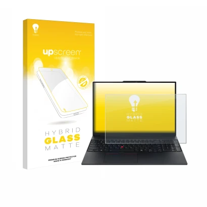 Parte frontal de un envase de producto con el logotipo de la marca upscreen. Al lado se muestra el dispositivo Lenovo ThinkPad