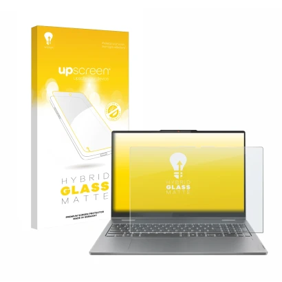 Parte frontal de un envase de producto con el logotipo de la marca upscreen. Al lado se muestra el dispositivo Lenovo IdeaPad 