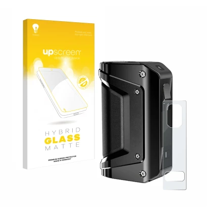 Parte frontal de un envase de producto con el logotipo de la marca upscreen. Al lado se muestra el dispositivo GeekVape Aegis 