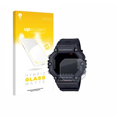 Parte frontal de un envase de producto con el logotipo de la marca upscreen. Al lado se muestra el dispositivo Casio AE-1600H 