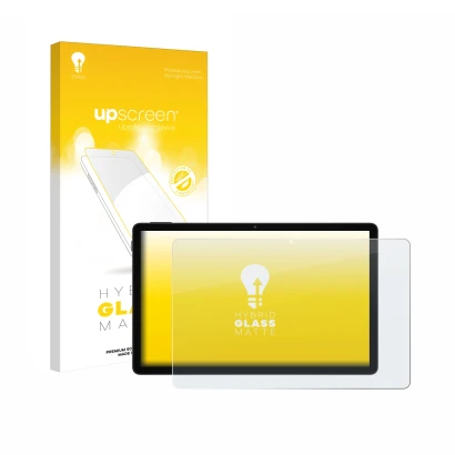 Parte frontal de un envase de producto con el logotipo de la marca upscreen. Al lado se muestra el dispositivo Doogee Tab A9 P