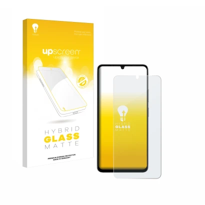 Parte frontal de un envase de producto con el logotipo de la marca upscreen. Al lado se muestra el dispositivo Doogee Note 59 