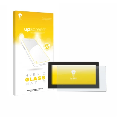 Parte frontal de un envase de producto con el logotipo de la marca upscreen. Al lado se muestra el dispositivo Volkswagen Golf