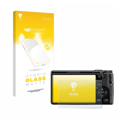 Parte frontal de un envase de producto con el logotipo de la marca upscreen. Al lado se muestra el dispositivo Ricoh GR IV 202