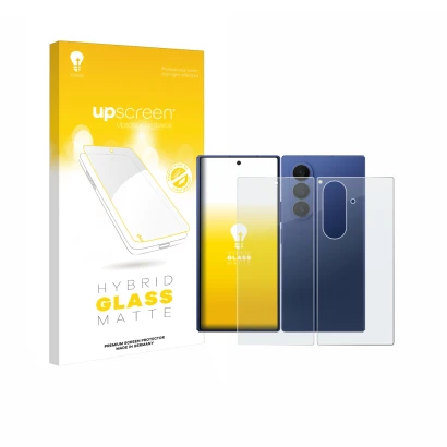 Parte frontal de un envase de producto con el logotipo de la marca upscreen. Al lado se muestra el dispositivo Samsung Galaxy 