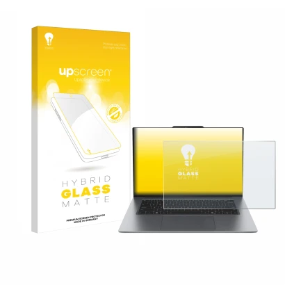 Parte frontal de un envase de producto con el logotipo de la marca upscreen. Al lado se muestra el dispositivo Lenovo ThinkPad