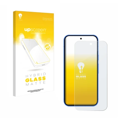 Parte frontal de un envase de producto con el logotipo de la marca upscreen. Al lado se muestra el dispositivo Google Pixel 10