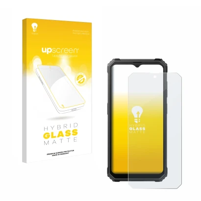 Parte frontal de un envase de producto con el logotipo de la marca upscreen. Al lado se muestra el dispositivo Blackview BV480