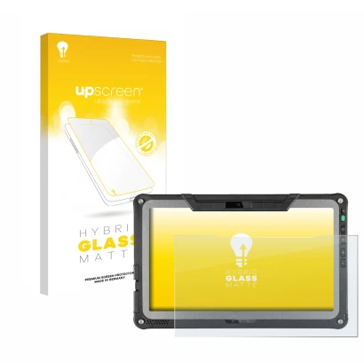 Parte frontal de un envase de producto con el logotipo de la marca upscreen. Al lado se muestra el dispositivo Getac F110 G7 c