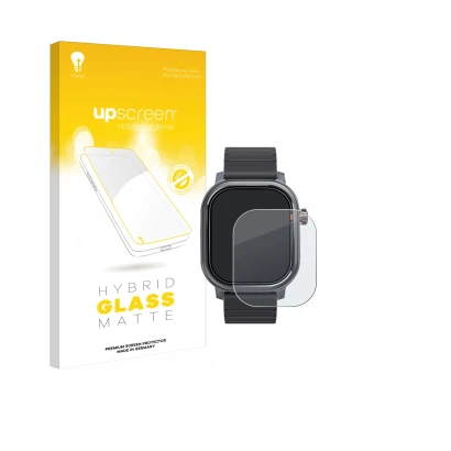 Parte frontal de un envase de producto con el logotipo de la marca upscreen. Al lado se muestra el dispositivo Kospet Pulse co