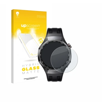 Parte frontal de un envase de producto con el logotipo de la marca upscreen. Al lado se muestra el dispositivo Huawei Watch GT
