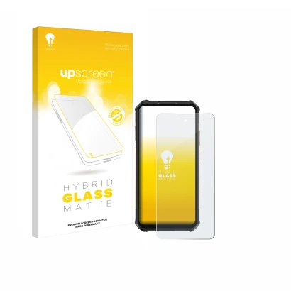 Parte frontal de un envase de producto con el logotipo de la marca upscreen. Al lado se muestra el dispositivo Ulefone Armor X