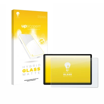 Parte frontal de un envase de producto con el logotipo de la marca upscreen. Al lado se muestra el dispositivo Doogee U13 con 