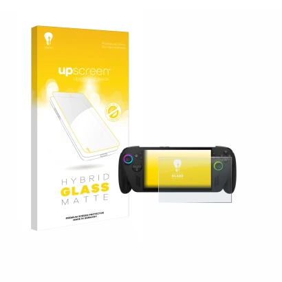 Parte frontal de un envase de producto con el logotipo de la marca upscreen. Al lado se muestra el dispositivo ASUS ROG Ally X