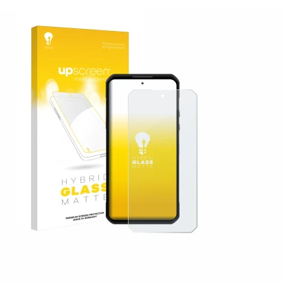 Parte frontal de un envase de producto con el logotipo de la marca upscreen. Al lado se muestra el dispositivo Oukitel WP60 co