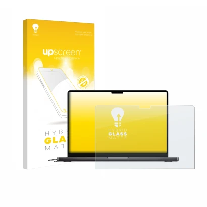 Parte frontal de un envase de producto con el logotipo de la marca upscreen. Al lado se muestra el dispositivo Apple MacBook P