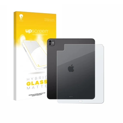 Parte frontal de un envase de producto con el logotipo de la marca upscreen. Al lado se muestra el dispositivo Apple iPad Pro 