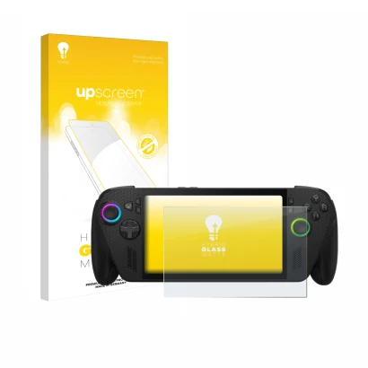 Parte frontal de un envase de producto con el logotipo de la marca upscreen. Al lado se muestra el dispositivo ASUS ROG Xbox A