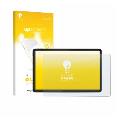 Parte frontal de un envase de producto con el logotipo de la marca upscreen. Al lado se muestra el dispositivo Lenovo Idea Tab