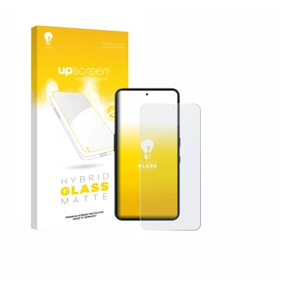 Parte frontal de un envase de producto con el logotipo de la marca upscreen. Al lado se muestra el dispositivo Nothing Phone (