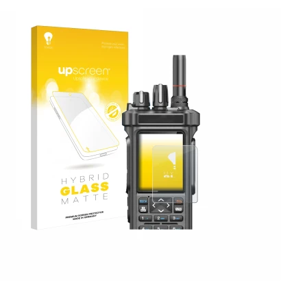 Parte frontal de un envase de producto con el logotipo de la marca upscreen. Al lado se muestra el dispositivo Radtel RT-950 P