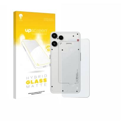 Parte frontal de un envase de producto con el logotipo de la marca upscreen. Al lado se muestra el dispositivo Nothing Phone (