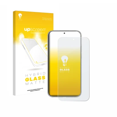 Parte frontal de un envase de producto con el logotipo de la marca upscreen. Al lado se muestra el dispositivo Huawei Mate 70 