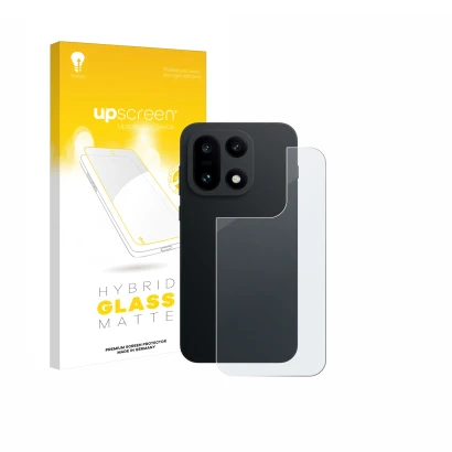 Parte frontal de un envase de producto con el logotipo de la marca upscreen. Al lado se muestra el dispositivo OnePlus 15 (Tra