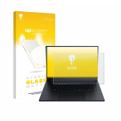 Parte frontal de un envase de producto con el logotipo de la marca upscreen. Al lado se muestra el dispositivo Razer Blade 16 