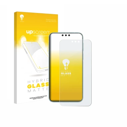 Parte frontal de un envase de producto con el logotipo de la marca upscreen. Al lado se muestra el dispositivo Huawei Mate 80 