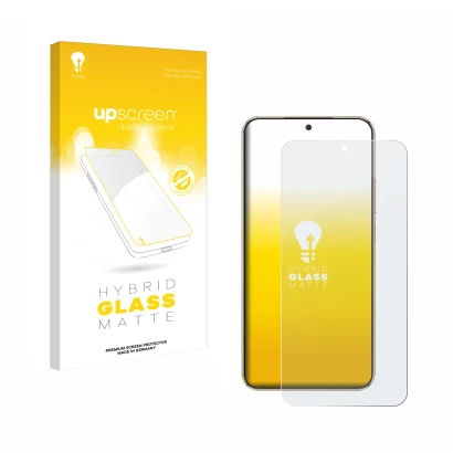 Parte frontal de un envase de producto con el logotipo de la marca upscreen. Al lado se muestra el dispositivo Honor Magic 8 L