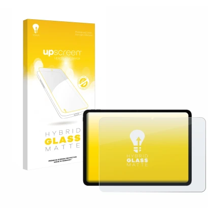 Parte frontal de un envase de producto con el logotipo de la marca upscreen. Al lado se muestra el dispositivo OnePlus Pad Go 