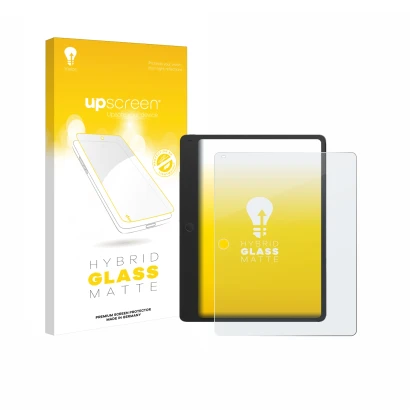 Parte frontal de un envase de producto con el logotipo de la marca upscreen. Al lado se muestra el dispositivo TCL Note A1 con