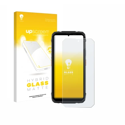 Parte frontal de un envase de producto con el logotipo de la marca upscreen. Al lado se muestra el dispositivo Blackview Rock 