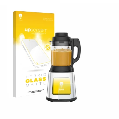 Parte frontal de un envase de producto con el logotipo de la marca upscreen. Al lado se muestra el dispositivo Moulinex LM83SD